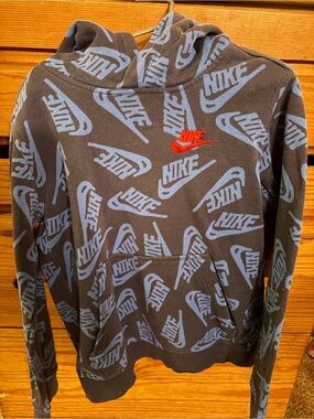 Nike Brown Hoodie with Light Blue Allover Logo and Red Nike Script